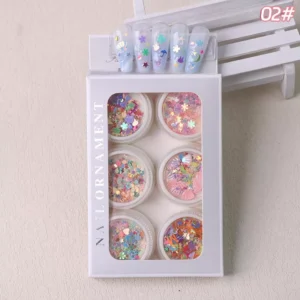 Nail glitter set labeled 02# featuring iridescent sequin jars and five floral nail samples