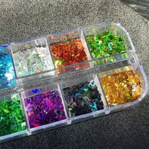 Bright holographic nail glitter sequins in compact organizer box