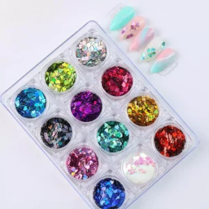 12-color holographic heart nail sequins in clear box with pastel nail art samples