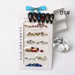 Assorted leaf-shaped holographic nail crystals in multicolor with aurora shine
