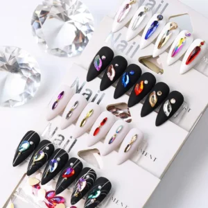 Assorted holographic nail crystals applied on matte and glossy nail designs