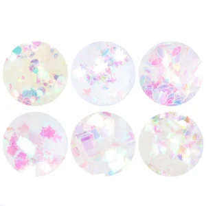 Bottom six glitter varieties from iridescent rainbow nail sequin kit