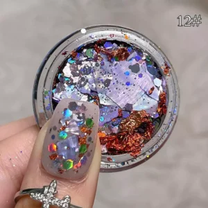 Holographic and iridescent nail flakes in purple and copper tones