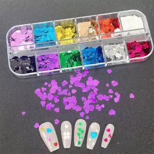 Holographic heart and clover nail glitter sequins in assorted colors