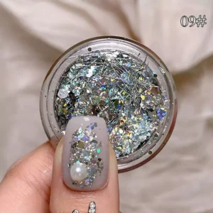 Mixed silver holographic glitter flakes and bar tinsel for nails