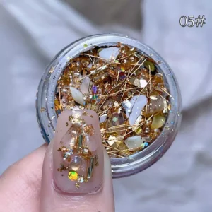 Gold wire mesh nail glitter mix with opal crystal accents