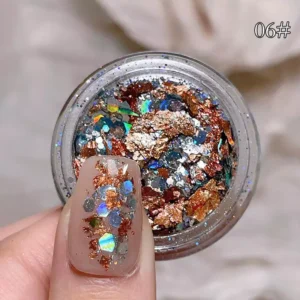 Iridescent nail glitter mix with cracked copper foil pieces