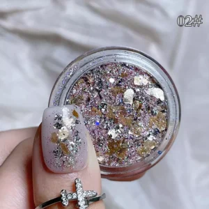 Lilac-silver holographic nail glitter flakes in mixed foil textures