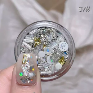 Silver holographic nail glitter blend with star sequins and rhinestones
