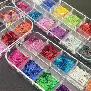 Holographic Nail Sequins in rainbow color mix with glitter finish – top view