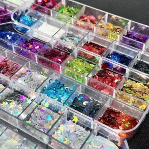 Holographic nail sequins in 34 shapes and colors with shimmer effect