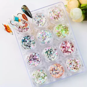 Holographic neon nail sequins set with 12 iridescent shapes and pastel tones