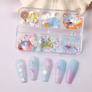 Iridescent and pastel nail glitter with star, dolphin, and shell shapes