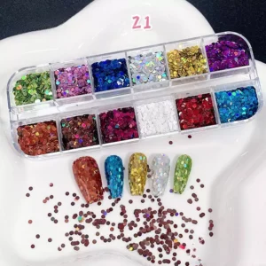 Nail glitter sequins in holographic round shapes in 12 colors with sample nail designs