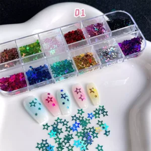Star-shaped holographic nail glitter sequins in vibrant colors with nail art samples