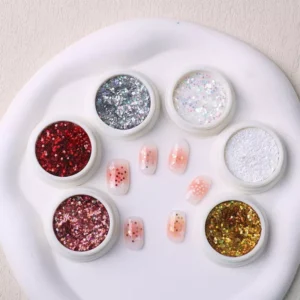 Holographic heart glitter set displayed in white box with transparent window