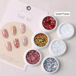 Heart-shaped holographic glitter sequins in six colors shown with nude manicure samples