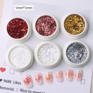 Six jars of star-shaped holographic glitter nail sequins with gradient nail art samples