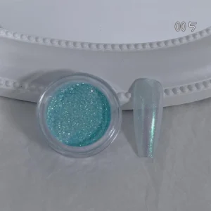 Icy blue chrome nail powder with glowing pastel green reflections