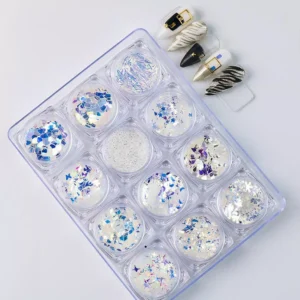 Top view of holographic nail glitter mix with star, hexagon, and flake textures
