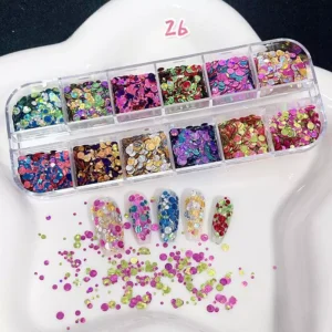 Multisize colorful nail glitter mix with iridescent finish and round cuts