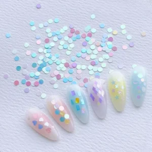 Iridescent circle glitter sequins with pastel tone nail examples