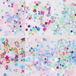 Iridescent flower and moon sequins displayed with hearts and alphabet shapes in pastel tones