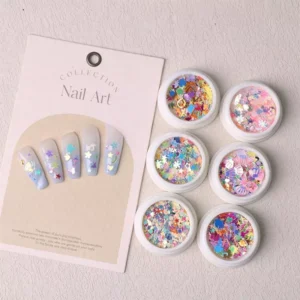 Nail glitter display card with iridescent flower sequin designs and six jars of assorted glitters