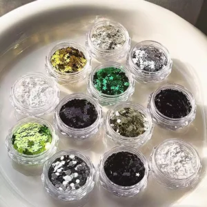 Set of 12 pots with star and hexagon holographic nail glitter sequins