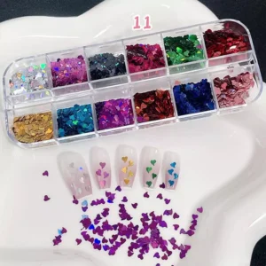 Multicolor tiny heart nail glitter sequins with iridescent shine in box and on nails