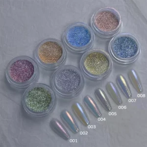 Aurora Opal Nail Glitter jars with holographic powder swatches in daylight setting