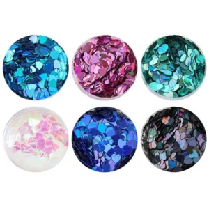 Close-up of 6 holographic heart glitter shades in pots