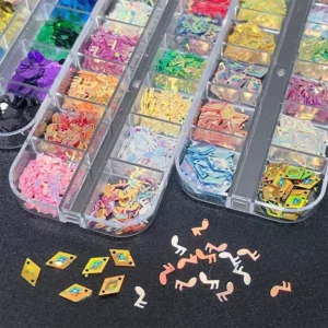 Assorted nail glitter shapes including music notes and gems