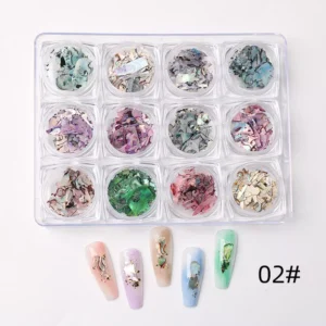 Holographic shell glitter flakes in vivid tones with pastel nail art swatches