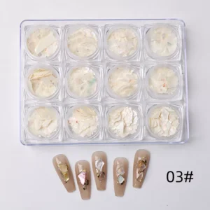 Full set of pure white shell nail flakes with pearl iridescence and nude-tone nail display