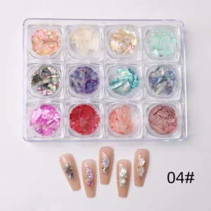 Multicolor shell nail flakes in pastel and vivid hues with five shimmer nail tips