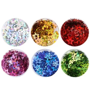 Additional six colors from the hollow star nail glitter set with iridescent finish