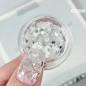 White holographic nail sequins with fairy star and heart shapes