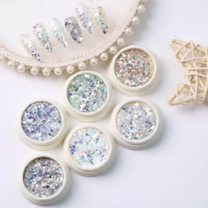 White and iridescent chrome glitter nail powders with star-shaped sequins