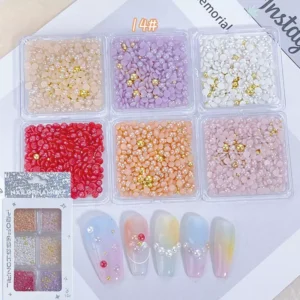 Nail decorations set 14# Jelly Pearl Bubble Mix with dome bubbles, mini beads, and gold accents