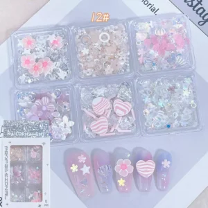 Nail decorations set 12# Cute Kawaii Heart & Flower Mix with oversized candy hearts and metallic flower shapes