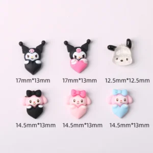 Sanrio character nail charms in full set with size labels – Kuromi, Cinnamoroll, My Melody