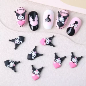 Kuromi heart nail charms with pink and black theme – styled on nails