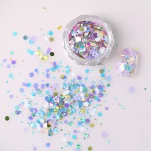 Floral iridescent glitter mix in lavender, aqua, and gold tones for 3D nail decor