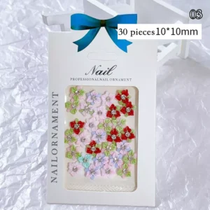 30-piece set of red and pastel floral nail charms with green petal detail, 10×10mm