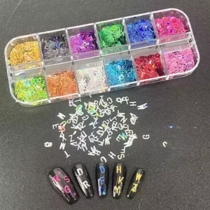 Multicolor holographic alphabet nail sequins with full A–Z variety