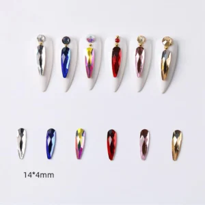 Teardrop-shaped multicolor nail crystals on glossy white nail tips