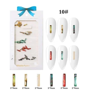 Slim rectangular resin nail gems in a vertical cut with assorted tones including green, red, pearl, and gold