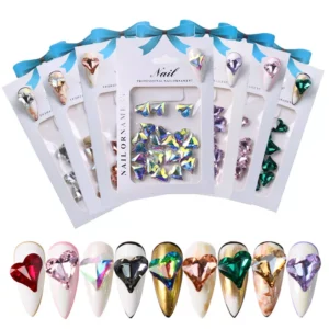 Love Crystal Nail Charms in assorted colors, displayed in retail packaging