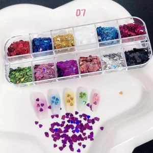 Four-leaf clover nail glitter in heart-like shape on pastel nail samples